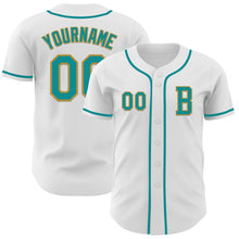 Load image into Gallery viewer, Custom White Teal-Old Gold Authentic Baseball Jersey