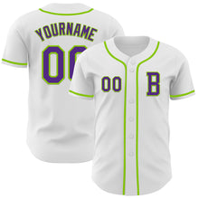 Load image into Gallery viewer, Custom White Purple-Neon Green Authentic Baseball Jersey