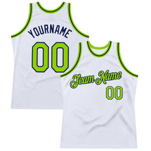 Load image into Gallery viewer, Custom White Neon Green-Navy Authentic Throwback Basketball Jersey