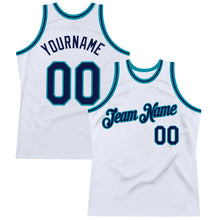 Load image into Gallery viewer, Custom White Navy-Teal Authentic Throwback Basketball Jersey