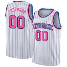 Load image into Gallery viewer, Custom White Black Pinstripe Pink-Light Blue Authentic Basketball Jersey