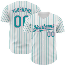 Load image into Gallery viewer, Custom White Teal Pinstripe Light Pink Authentic Baseball Jersey