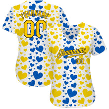 Load image into Gallery viewer, Custom 3D Pattern Design Hearts Painted In The Colors Of The Ukrainian Flag Authentic Baseball Jersey