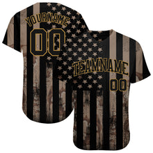 Load image into Gallery viewer, Custom Camo Black-Old Gold 3D Salute To Service American Flag Authentic Baseball Jersey