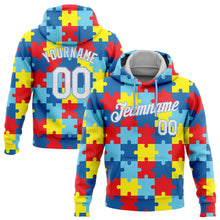 Load image into Gallery viewer, Custom Stitched Autism Awareness Puzzle Pieces White-Light Blue 3D Pattern Design Sports Pullover Sweatshirt Hoodie