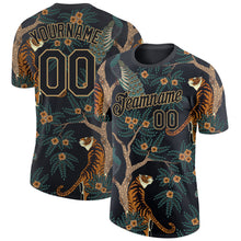 Load image into Gallery viewer, Custom Black Black-Old Gold 3D Pattern Design Tiger And Peacock Performance T-Shirt