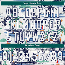 Load image into Gallery viewer, Custom White Navy 3D Pattern Design Hawaii Palm Trees Island And Sailboat Authentic Baseball Jersey