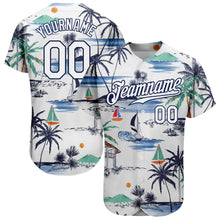Load image into Gallery viewer, Custom White Navy 3D Pattern Design Hawaii Palm Trees Island And Sailboat Authentic Baseball Jersey