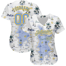 Load image into Gallery viewer, Custom White Light Blue-Yellow 3D Pattern Design Beach Hawaii Palm Trees And Island Authentic Baseball Jersey