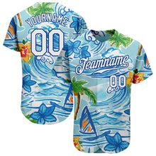 Load image into Gallery viewer, Custom White Royal 3D Pattern Design Beach Hawaii Palm Trees And Flowers Authentic Baseball Jersey