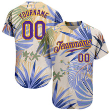 Load image into Gallery viewer, Custom White Purple-Gold 3D Pattern Design Hawaii Palm Leaves And Flowers Authentic Baseball Jersey