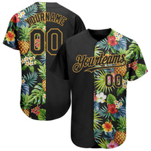 Load image into Gallery viewer, Custom Black Old Gold 3D Pattern Design Hawaii Tropical Pineapples, Palm Leaves And Flowers Authentic Baseball Jersey