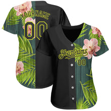 Load image into Gallery viewer, Custom Black Neon Yellow 3D Pattern Design Hawaii Tropical Palm Leaves With Orchids Authentic Baseball Jersey