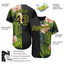 Load image into Gallery viewer, Custom Black Neon Yellow 3D Pattern Design Hawaii Tropical Palm Leaves With Orchids Authentic Baseball Jersey