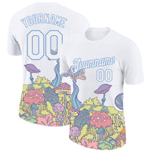 Load image into Gallery viewer, Custom White Light Blue 3D Pattern Design Colorful Flowers And Mushrooms Psychedelic Hallucination Performance T-Shirt