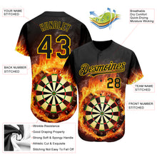 Load image into Gallery viewer, Custom Black Gold 3D Pattern Design Flame Dart Board Authentic Baseball Jersey