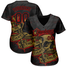 Load image into Gallery viewer, Custom Black Red-Old Gold 3D Pattern Design In Dart We Trust Authentic Baseball Jersey