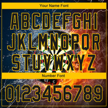 Load image into Gallery viewer, Custom Black Gold 3D Pattern Design Flame Dart Board Authentic Baseball Jersey