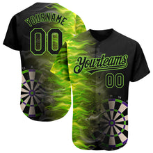 Load image into Gallery viewer, Custom Black Neon Green 3D Pattern Design Fiery Dart Board Authentic Baseball Jersey