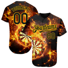 Load image into Gallery viewer, Custom Black Gold 3D Pattern Design Flame Dart Board Authentic Baseball Jersey