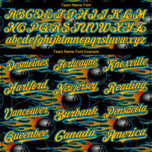 Load image into Gallery viewer, Custom Black Gold-Lakes Blue 3D Pattern Design Bowling Ball With Hotrod Flame Authentic Baseball Jersey