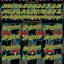 Load image into Gallery viewer, Custom Black Gold-Lakes Blue 3D Pattern Design Bowling Ball With Hotrod Flame Authentic Baseball Jersey
