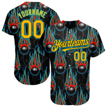 Load image into Gallery viewer, Custom Black Gold-Lakes Blue 3D Pattern Design Bowling Ball With Hotrod Flame Authentic Baseball Jersey