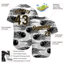 Load image into Gallery viewer, Custom White Black-Old Gold 3D Pattern Design Bowling Ball With Hotrod Flame Authentic Baseball Jersey