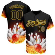 Load image into Gallery viewer, Custom Black Gold 3D Pattern Design Flame Bowling Authentic Baseball Jersey