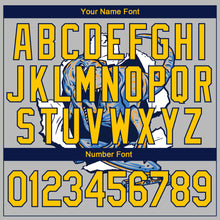 Load image into Gallery viewer, Custom Stitched Light Gray Yellow-Navy 3D Pattern Design Dinosaur Sports Pullover Sweatshirt Hoodie