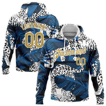 Load image into Gallery viewer, Custom Stitched Navy Old Gold-White 3D Pattern Design Leopard And Tropical Plants Sports Pullover Sweatshirt Hoodie