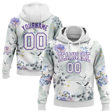 Load image into Gallery viewer, Custom Stitched White Purple 3D Pattern Design Crane And Flower Sports Pullover Sweatshirt Hoodie