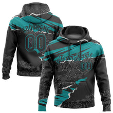 Load image into Gallery viewer, Custom Stitched Black Teal 3D Pattern Design Torn Paper Style Sports Pullover Sweatshirt Hoodie