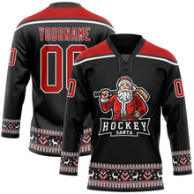 Load image into Gallery viewer, Custom Black Red-White Christmas Santa Claus 3D Hockey Lace Neck Jersey