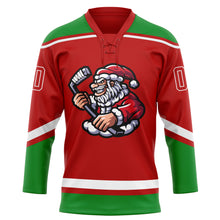 Load image into Gallery viewer, Custom Red Grass Green-White Christmas Santa Claus 3D Hockey Lace Neck Jersey