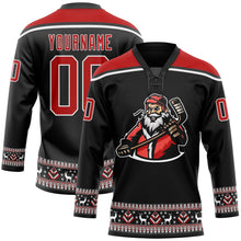 Load image into Gallery viewer, Custom Black Red-White Christmas Santa Claus 3D Hockey Lace Neck Jersey