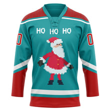 Load image into Gallery viewer, Custom Teal Red-White Christmas Santa Claus 3D Hockey Lace Neck Jersey