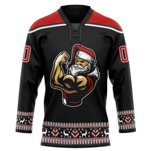 Load image into Gallery viewer, Custom Black Red-White Christmas Santa Claus 3D Hockey Lace Neck Jersey