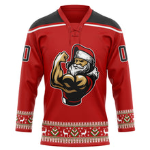 Load image into Gallery viewer, Custom Red Black-White Christmas Santa Claus 3D Hockey Lace Neck Jersey