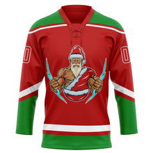 Load image into Gallery viewer, Custom Red Grass Green-White Christmas Santa Claus 3D Hockey Lace Neck Jersey