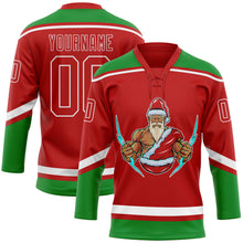 Load image into Gallery viewer, Custom Red Grass Green-White Christmas Santa Claus 3D Hockey Lace Neck Jersey