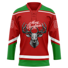 Load image into Gallery viewer, Custom Red Grass Green-White Christmas Reindeer 3D Hockey Lace Neck Jersey