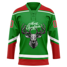 Load image into Gallery viewer, Custom Grass Green Red-White Christmas Reindeer 3D Hockey Lace Neck Jersey