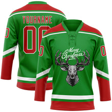 Load image into Gallery viewer, Custom Grass Green Red-White Christmas Reindeer 3D Hockey Lace Neck Jersey