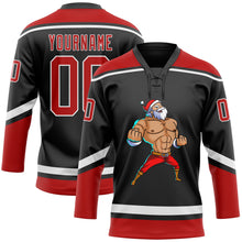 Load image into Gallery viewer, Custom Black Red-White Christmas Santa Claus 3D Hockey Lace Neck Jersey