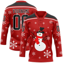 Load image into Gallery viewer, Custom Red Black-White Christmas Snowman 3D Hockey Lace Neck Jersey