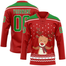 Load image into Gallery viewer, Custom Red Grass Green-White Christmas Reindeer 3D Hockey Lace Neck Jersey