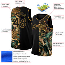 Load image into Gallery viewer, Custom Black Old Gold 3D Pattern Tropical Hawaii Palm Leaves Authentic Basketball Jersey