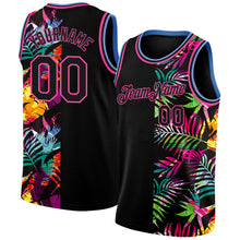 Load image into Gallery viewer, Custom Black Pink-Light Blue 3D Pattern Tropical Hawaii Palm Leaves Authentic Basketball Jersey