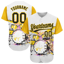 Load image into Gallery viewer, Custom White Black-Yellow 3D Pattern Design Music Festival Abstract Drum Set In Splash Authentic Baseball Jersey